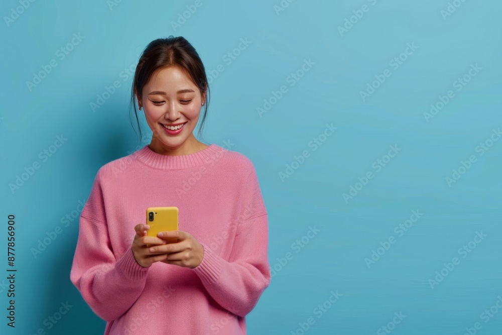 Smiling Young Woman in Pink Sweater Using Smartphone on Blue Background. Horizontal banner with copy space Smiling Young Woman in Pink Sweater Using Smartphone on Blue Background. Horizontal banner with copy space