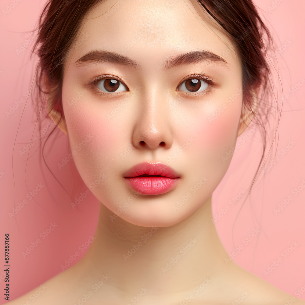 Close-up photo of a beautiful Asian woman Light tone makeup, light pink balm lipstick on a pink background. Close-up photo of a beautiful Asian woman Light tone makeup, light pink balm lipstick on a pink background.