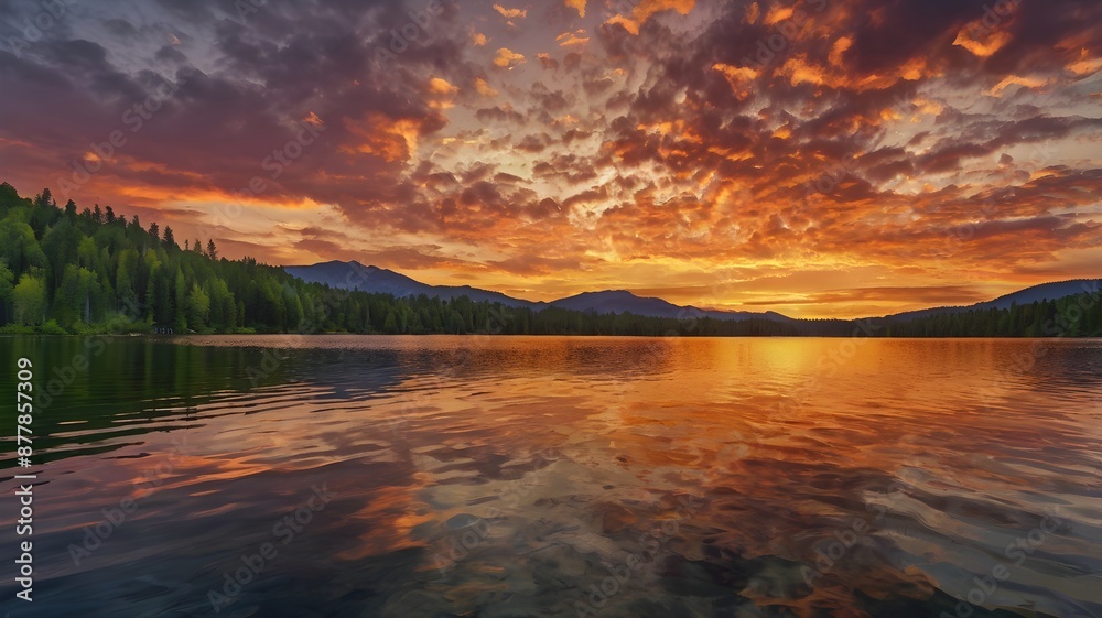 Fototapeta premium Vibrant Sunset Over Serene Mountain Lake with Reflections