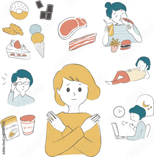腸内環境を悪化させる原因のイラスト　セット