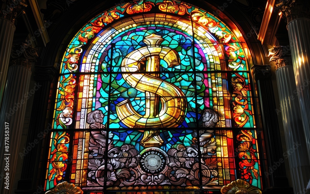Generative AI of Intricate Dollar Sign Mosaic in Church Window: Commentary on Usury, Worship of Wealth, and Economics as a Religion Generative AI of Intricate Dollar Sign Mosaic in Church Window: Commentary on Usury, Worship of Wealth, and Economics as a Religion