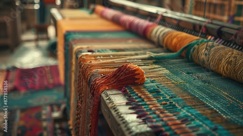 The rhythmic loom creates a vibrant tapestry, weaving history and artistry in a bustling textile workshop. photo