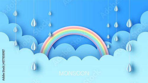 Beautiful clouds and rainbow in rainy season. Abstract Rainbow in the rainy season. paper cut and craft design. vector, illustration. 