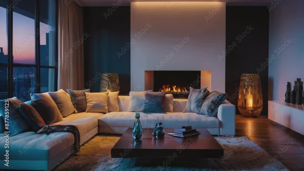 Zoom in of a modern living room with a large sectional sofa, coffee table, and a fireplace. The room is lit with warm lamps and ambient light from the city view outside the large windows Zoom in of a modern living room with a large sectional sofa, coffee table, and a fireplace. The room is lit with warm lamps and ambient light from the city view outside the large windows