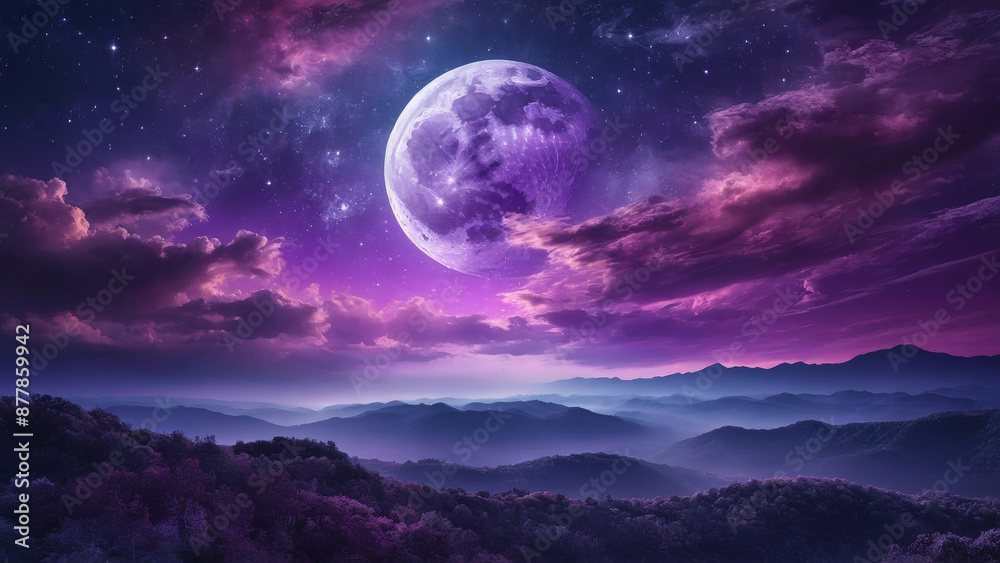 Purple night sky with full moon over dark mountain landscape Purple night sky with full moon over dark mountain landscape