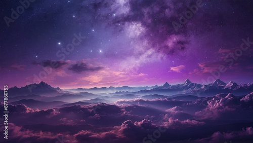 Vibrant purple mountains and clouds landscape under starry sky