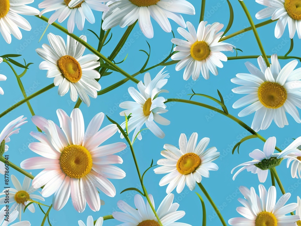 Obraz premium Elegant seamless pattern with delicate white daisies and lush green stems, arranged on a bright blue backdrop, perfect for a playful and refreshing floral design