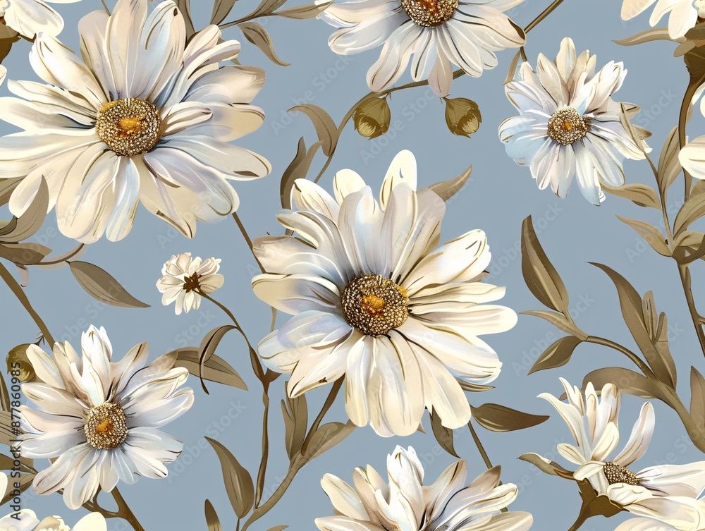 Artistic vector design of a seamless pattern featuring clusters of daisy flowers with intricate petal details, against a serene blue background, evoking a sense of simplicity and natural beauty Artistic vector design of a seamless pattern featuring clusters of daisy flowers with intricate petal details, against a serene blue background, evoking a sense of simplicity and natural beauty