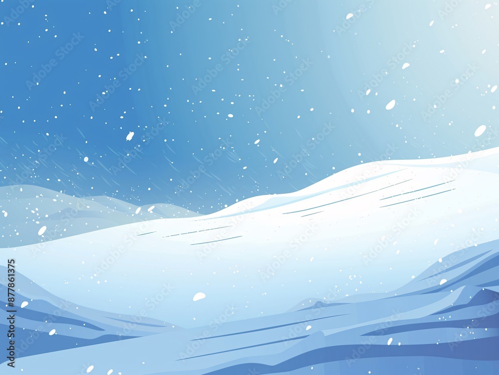 A vivid vector illustration showing a flat winter landscape with a snowy background, detailed snowdrifts, and a steady snowfall under a clear blue sky. The light blizzard effect enhances the A vivid vector illustration showing a flat winter landscape with a snowy background, detailed snowdrifts, and a steady snowfall under a clear blue sky. The light blizzard effect enhances the