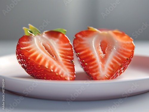 Artistic composition of halved fresh strawberries on a white ceramic plate, each piece revealing the intricate patterns of seeds and vibrant red flesh, set against a soft-focus background that