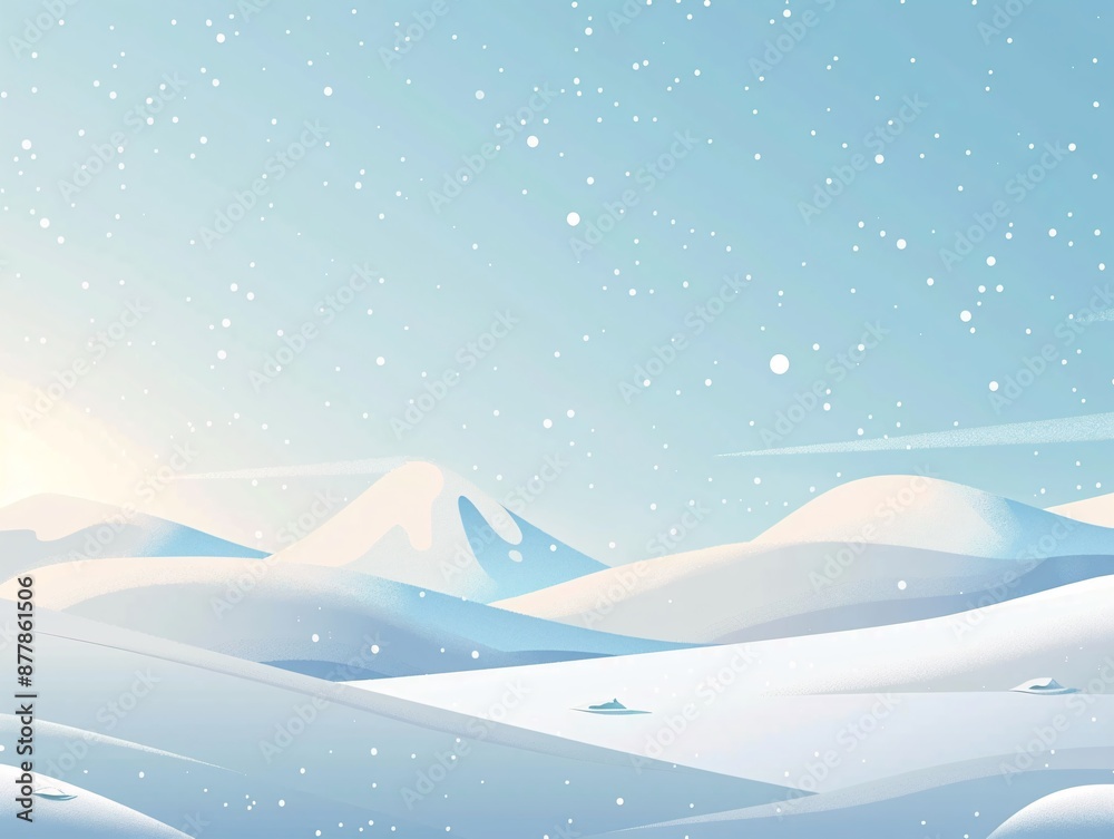 A well-crafted vector illustration of a flat winter landscape featuring a snowy background with soft snowdrifts and a clear blue sky. The depiction includes a light snowfall and a subtle blizzard A well-crafted vector illustration of a flat winter landscape featuring a snowy background with soft snowdrifts and a clear blue sky. The depiction includes a light snowfall and a subtle blizzard