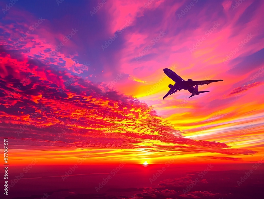 A breathtaking stock photo capturing the dramatic sunrise sky, painted with vibrant hues of orange, pink, and purple, with the silhouette of an airplane flying gracefully on the horizon, creating a A breathtaking stock photo capturing the dramatic sunrise sky, painted with vibrant hues of orange, pink, and purple, with the silhouette of an airplane flying gracefully on the horizon, creating a