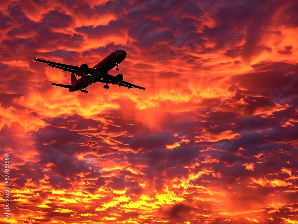 Obraz premium An awe-inspiring image of a dramatic sunrise sky, ablaze with fiery colors and wispy clouds, accompanied by the silhouette of an airplane soaring gracefully, offering a captivating glimpse of the