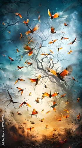 Surreal Autumn Storm of Net-Winged Beetles in Flight photo