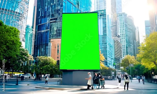 A green billboard sits in front of a city skyline. The billboard is empty, but it is surrounded by trees and people walking by. Concept of urban life and the contrast between the natural environment