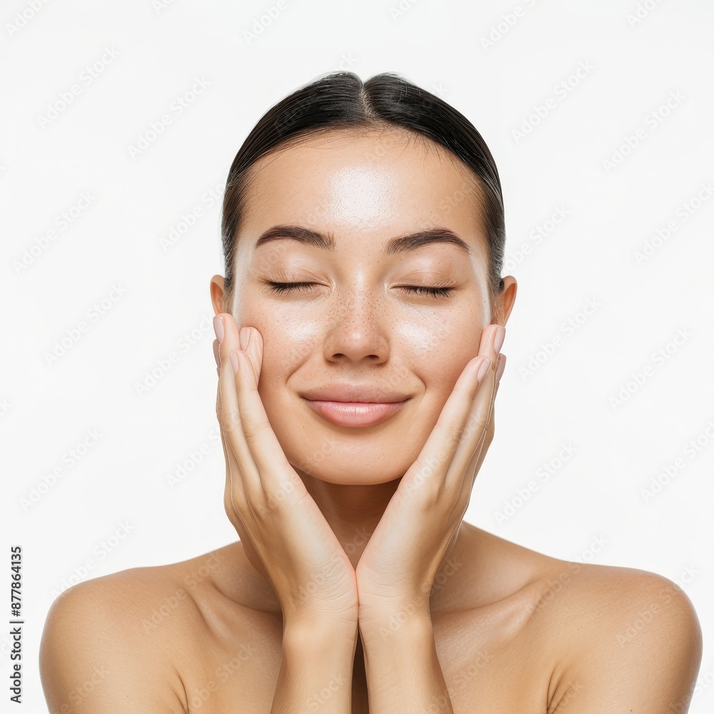 A serene young woman with flawless skin touching her face, showcasing natural beauty and skincare in a minimalist setup. A serene young woman with flawless skin touching her face, showcasing natural beauty and skincare in a minimalist setup.
