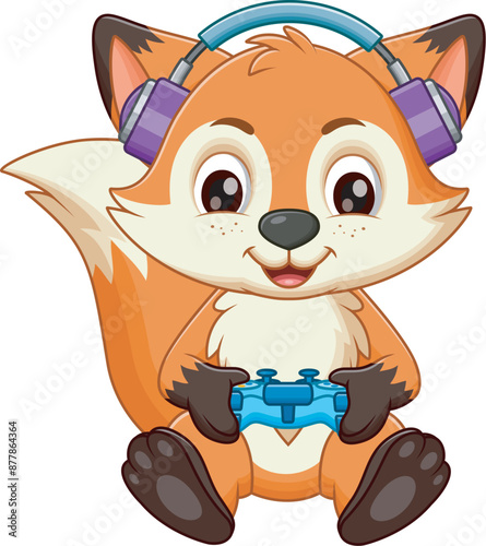 Cute Fox Gaming With Headphone And Console. Animal Gaming Icon Concept Isolated Premium Vector. Vector Illustration