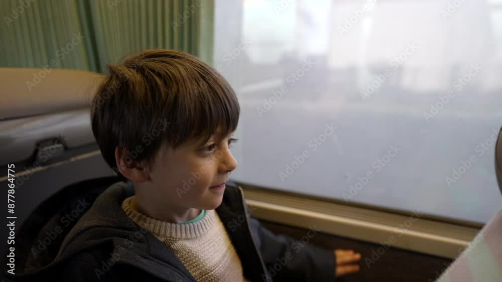 During A Daytime Train Journey Through Countryside, A Young Boy Wearing Winter Clothes Is Interacting With People Ahead Him Beside The Window. A Joyful Moment At Travel During A Daytime Train Journey Through Countryside, A Young Boy Wearing Winter Clothes Is Interacting With People Ahead Him Beside The Window. A Joyful Moment At Travel