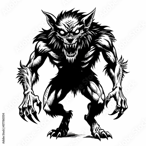 Fierce Werewolf Illustration in Black and White   Mythical Creature Art for Halloween and Horror Themes photo