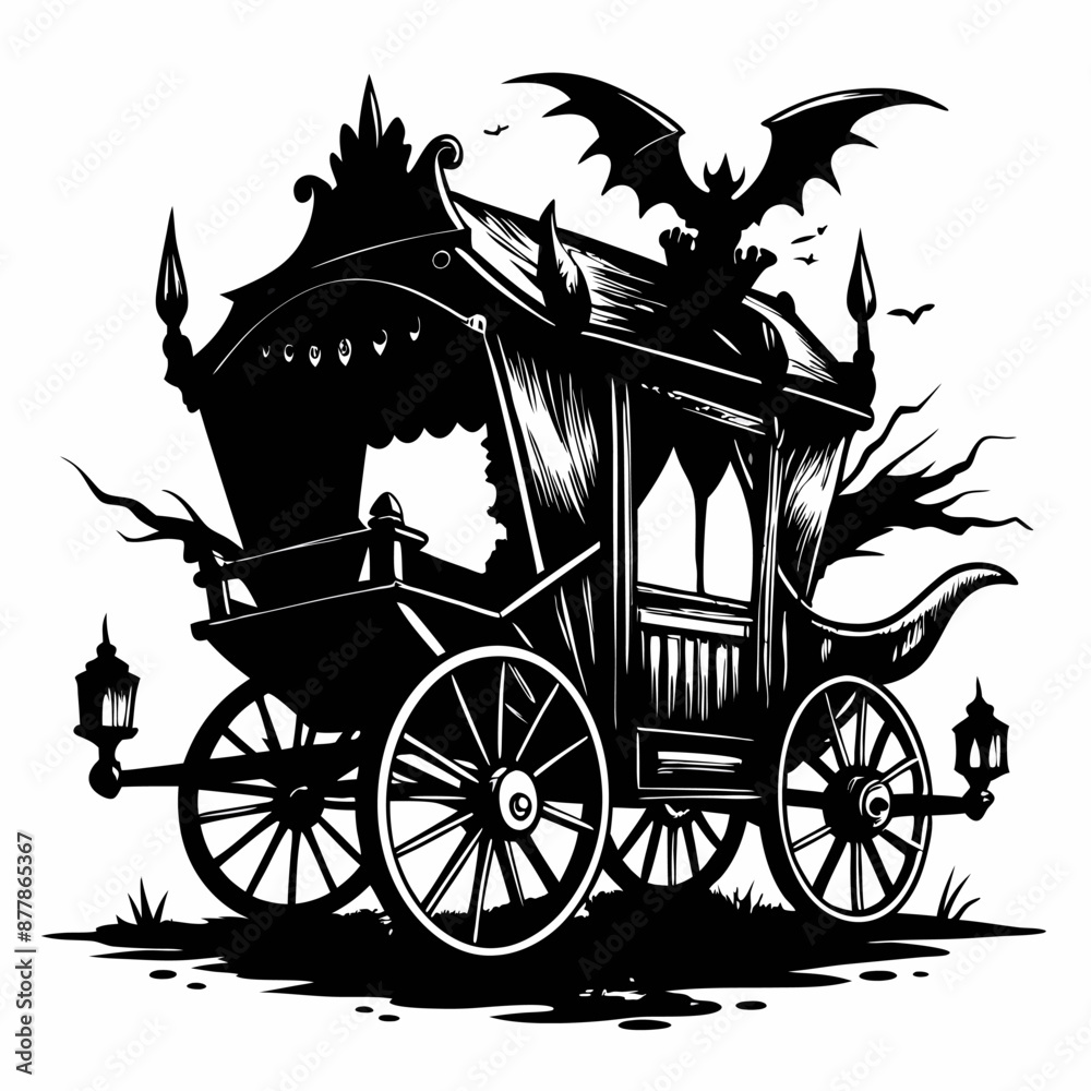 Fototapeta premium Gothic Carriage with Bat and Lanterns Halloween, Spooky, Vector Art