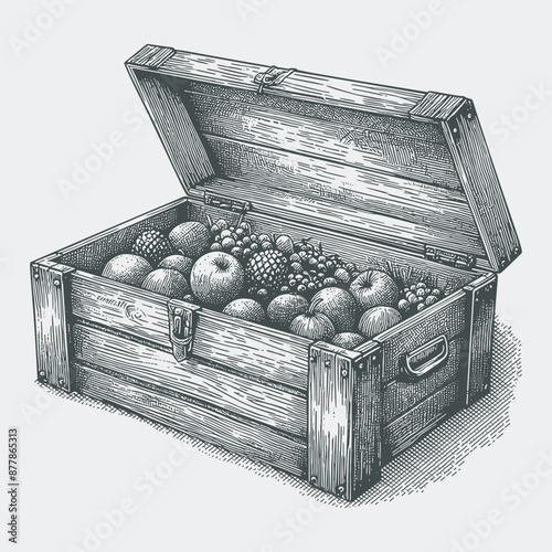 Wooden crate filled with fresh fruits.