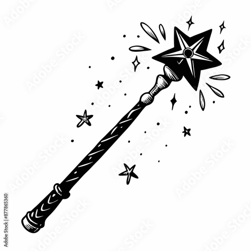 Black and White Magic Wand Illustration with Star and Sparkles