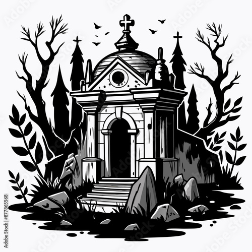 Gothic Tomb Illustration with Bare Trees and Birds in Monochrome Style