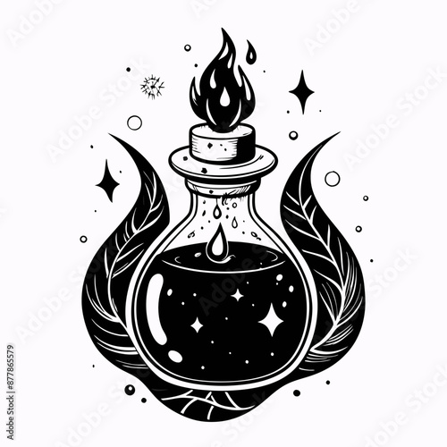 Monochrome Alchemy Illustration Mysterious Potion Bottle with Flame, Leaves, and Magical Elements