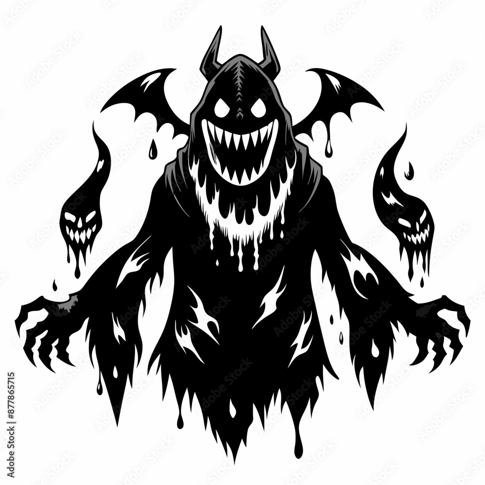 Fototapeta premium Sinister Shadowy Monster with Dripping Black Goo and Flying Demonic Figures in Gothic Horror Style