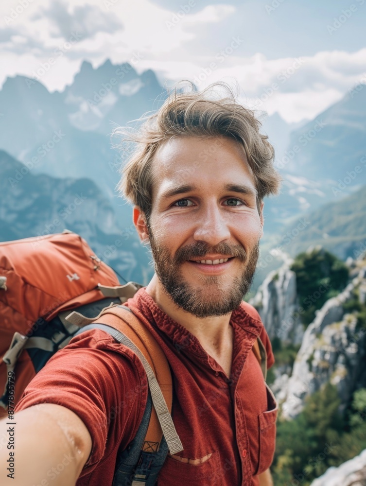 A hiker takes a selfie while carrying a backpack in nature A hiker takes a selfie while carrying a backpack in nature