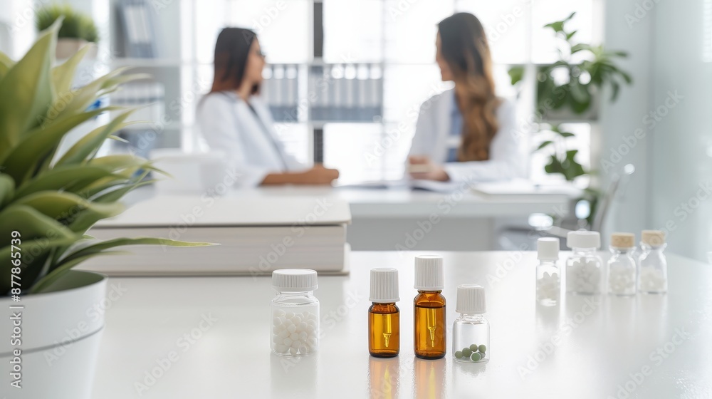 Bottles and jars of medicine on a table in a modern medical office with two doctors in discussion in the background. Bottles and jars of medicine on a table in a modern medical office with two doctors in discussion in the background.