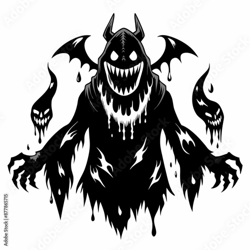 Sinister Shadowy Monster with Dripping Black Goo and Flying Demonic Figures in Gothic Horror Style
