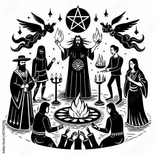 Mystical Ritual with Wizards, Pentagram, and Fire in Monochrome Illustration