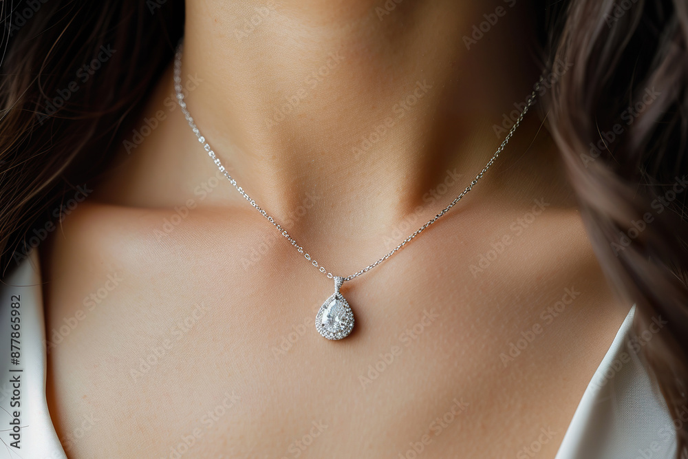 Elegant diamond pear shaped necklace on Woman neck Elegant diamond pear shaped necklace on Woman neck