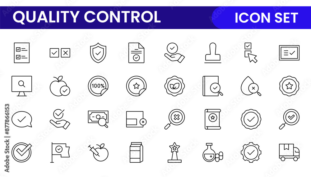Quality Control line icon set. Included the icons as inspect, QA, qualify, quality control, check, verify, and more. Quality Control line icon set. Included the icons as inspect, QA, qualify, quality control, check, verify, and more.