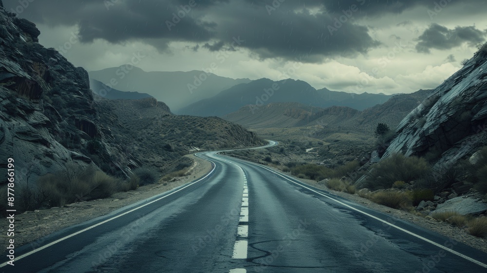 Fototapeta premium highway with a dashed white line down the center, cutting through a rugged mountainous landscape under a cloudy, overcast sky.