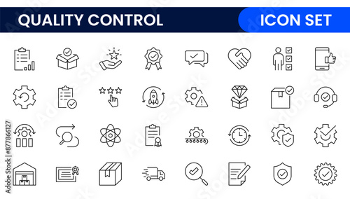 Quality Control line icon set. Included the icons as inspect, QA, qualify, quality control, check, verify, and more.