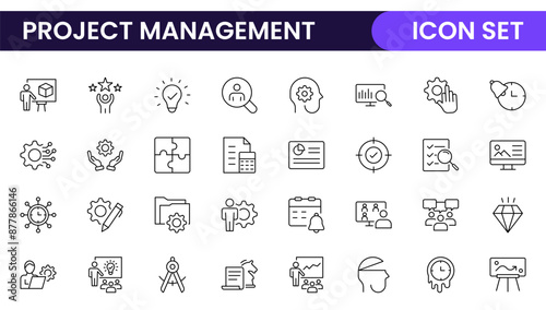 "Project Management web icons in line style. Outline icon collection related to Schedule, human resource, management, development, planning, and more.