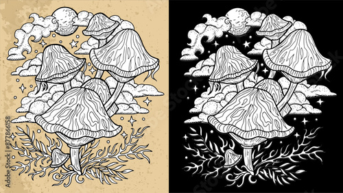 Black and white celestial mystic mushrooms with magic and floral decorative design elements, witchcraft symbols. Esoteric and witchy objects, tattoo concept, hand drawn clipart 