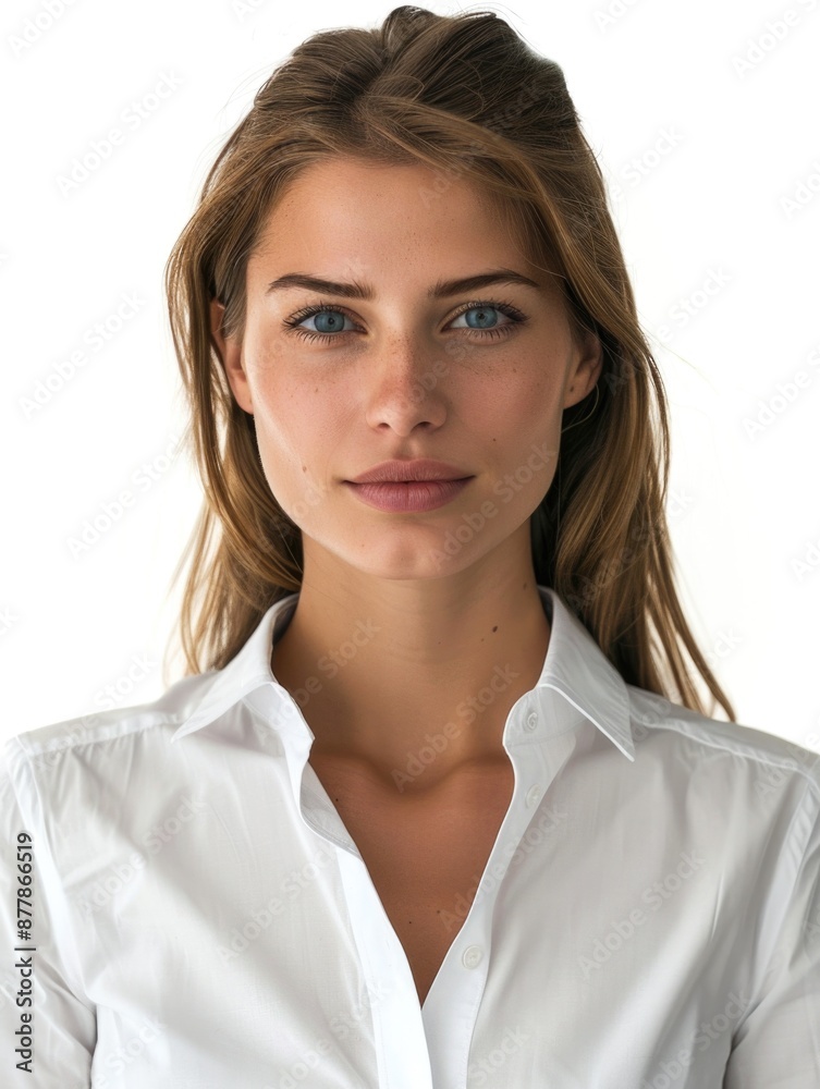 A woman poses for a photo wearing a white shirt, perfect for use on social media or as a profile picture