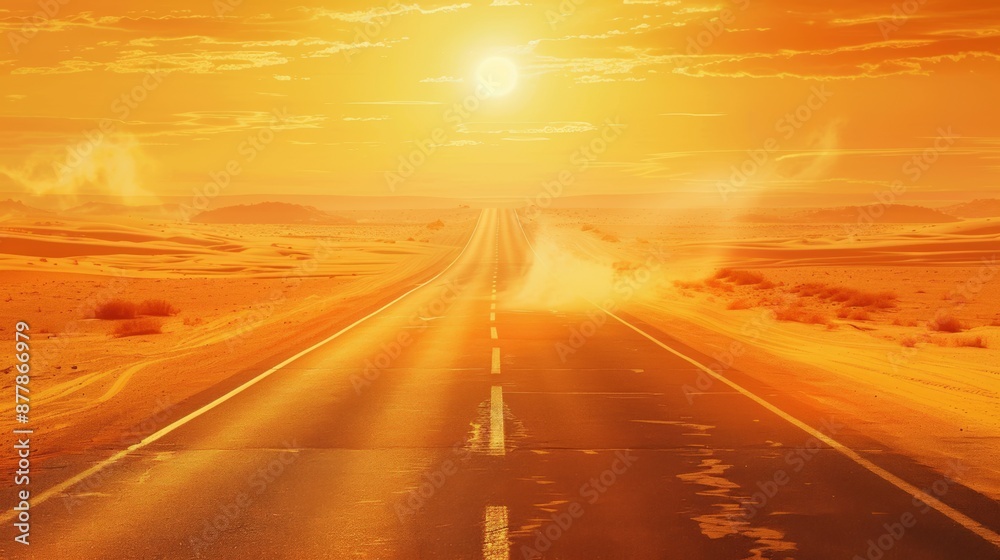 A highway with a dashed white line down the center, stretching into the horizon through a desert landscape under a blazing hot sun. The road is flanked by sand dunes and sparse desert vegetation, with A highway with a dashed white line down the center, stretching into the horizon through a desert landscape under a blazing hot sun. The road is flanked by sand dunes and sparse desert vegetation, with