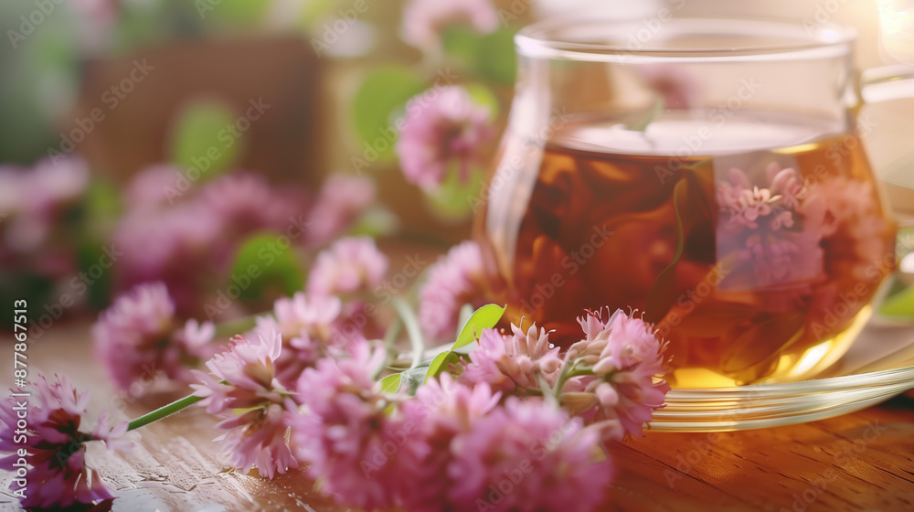 Organic Red Clover Tea Close-up in Tranquil Wellness Environment Organic Red Clover Tea Close-up in Tranquil Wellness Environment