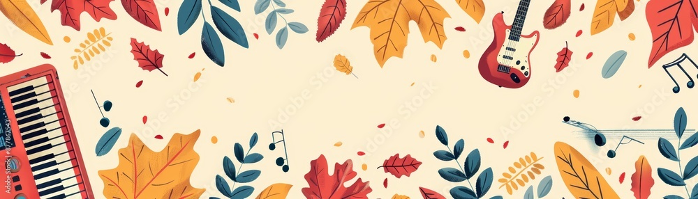 Obraz premium Colorful autumn leaves, musical notes, and guitar create a festive background.
