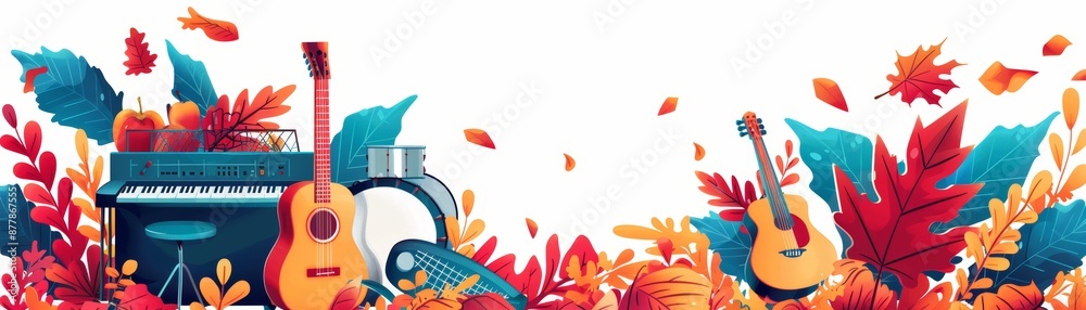 Naklejka premium Colorful autumn leaves surround a guitar and keyboard.