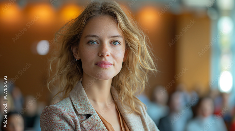 Portrait of a confident young woman with wavy blonde hair, standing in a professional setting with a blurred background. Portrait of a confident young woman with wavy blonde hair, standing in a professional setting with a blurred background.