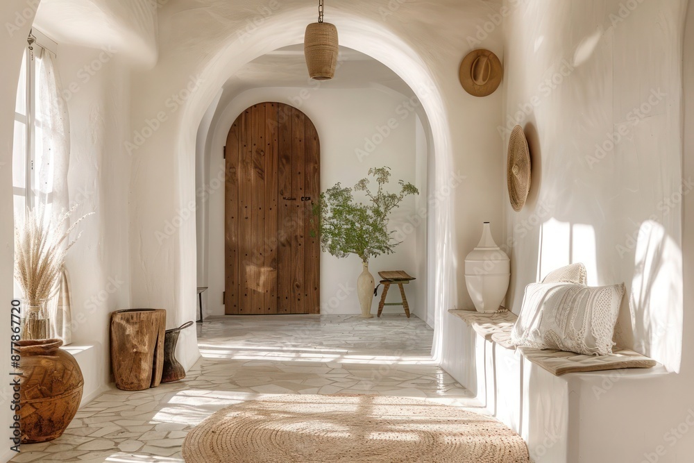 Stylish entryway and hall with boho Mediterranean decor in modern home: arched walls add character to the interior design Stylish entryway and hall with boho Mediterranean decor in modern home: arched walls add character to the interior design