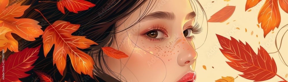 Woman with autumn leaves in her hair, looking away.