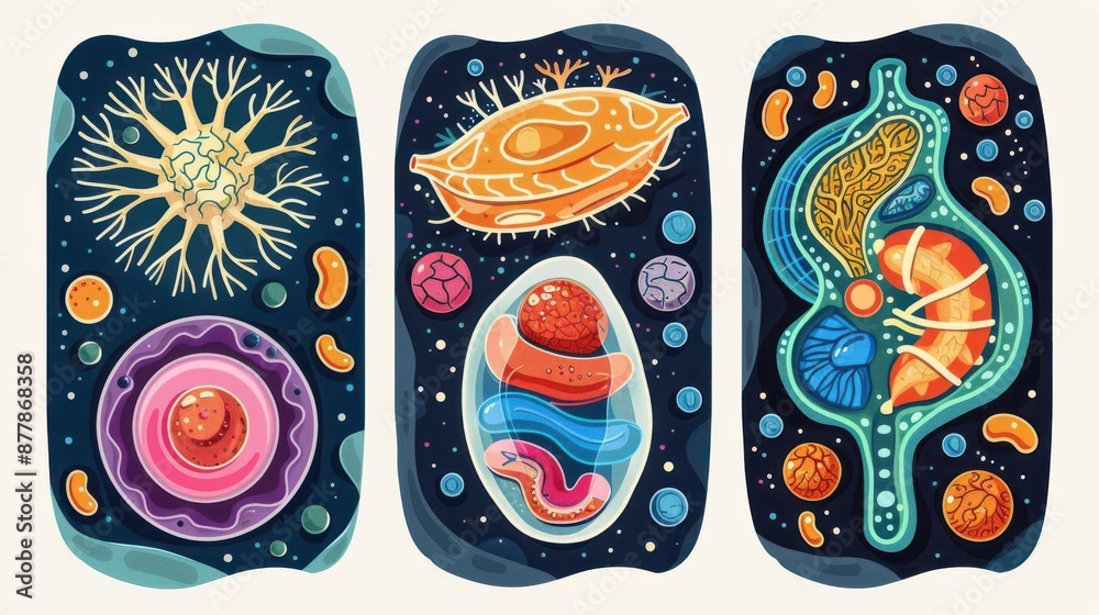 Organelles flat design top view cell structure cartoon drawing Triadic Color Scheme Organelles flat design top view cell structure cartoon drawing Triadic Color Scheme
