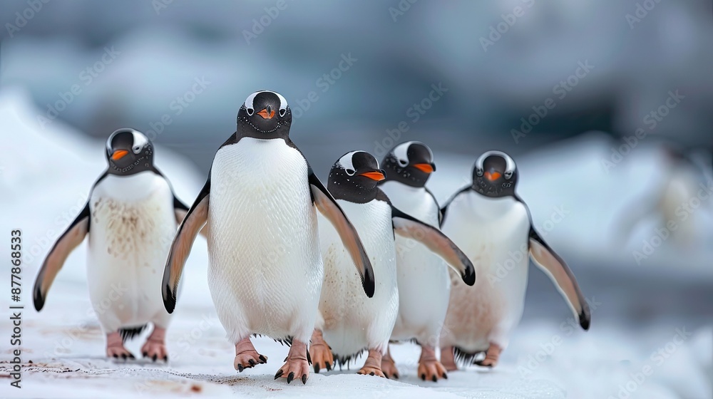 Obraz premium A group of penguins waddling on the ice