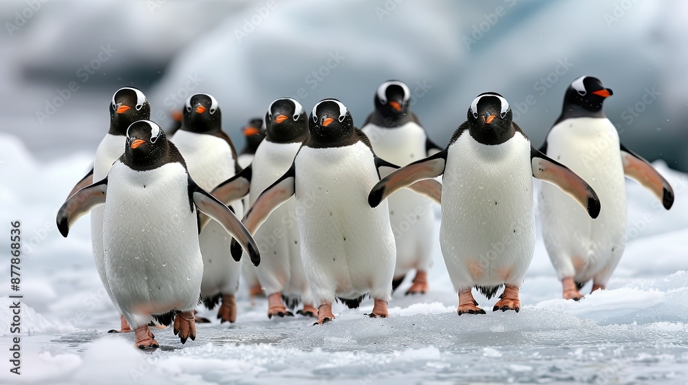 Obraz premium A group of penguins waddling on the ice